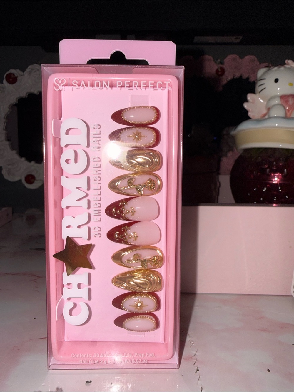 Charmed 3D Embellished Press-On Nails in Pink, Burgundy & Gold - Picture 7 of 8